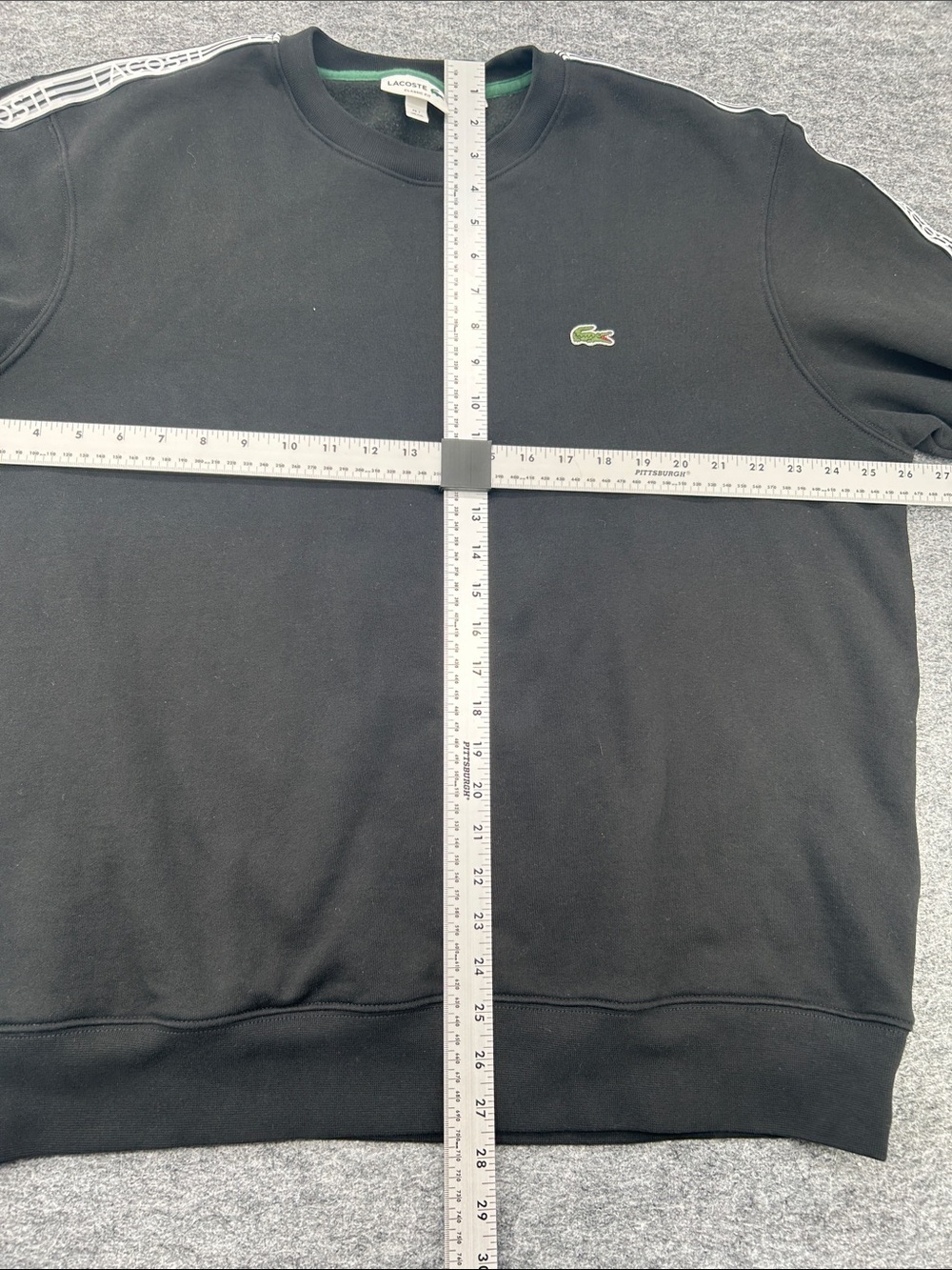 Lacoste Black Crewneck Sweatshirt with White Sleeve Tape Stripe Band Fleece XXL - Picture 7 of 13
